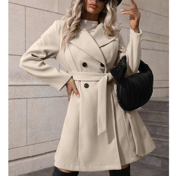 Beige Preppy Womens Lapel Neck Double Breasted Belted Overcoat - Picture 4 of 7